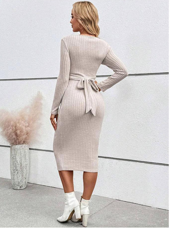 Robe de maternité à manches longues, élégante, nœud, coupe ajustée