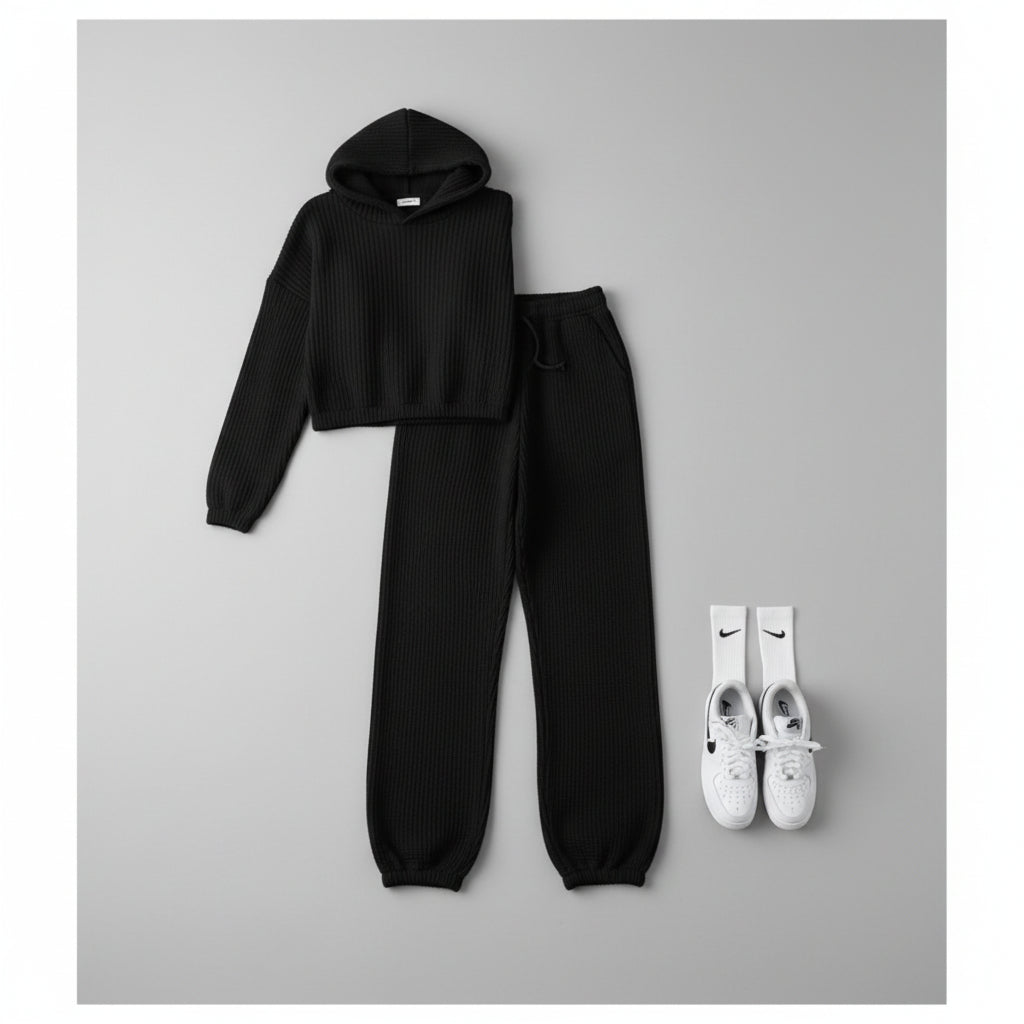 Ensemble douillet  : sweat à capuche court taille haute et bas assorti