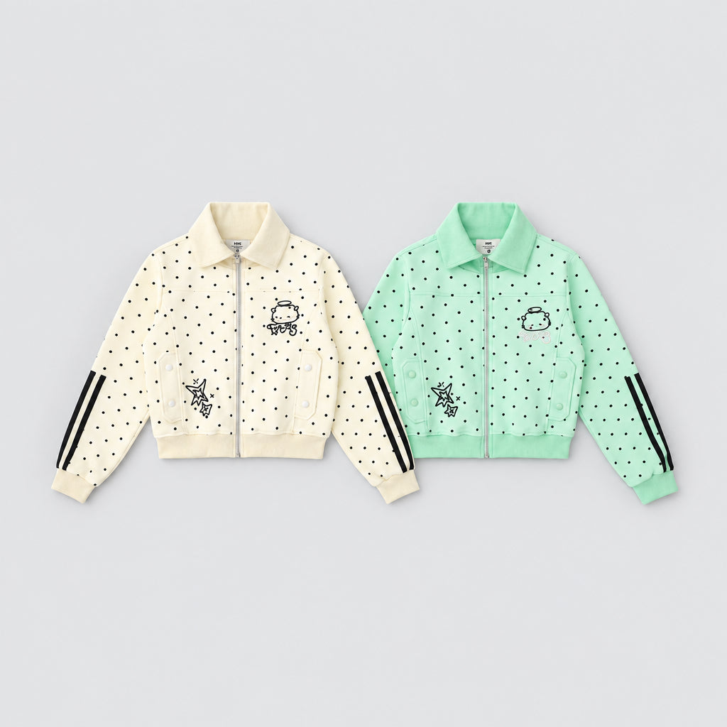 Veste courte  à pois, avec broderie style dessin animé, fermeture zippée et col rabattu