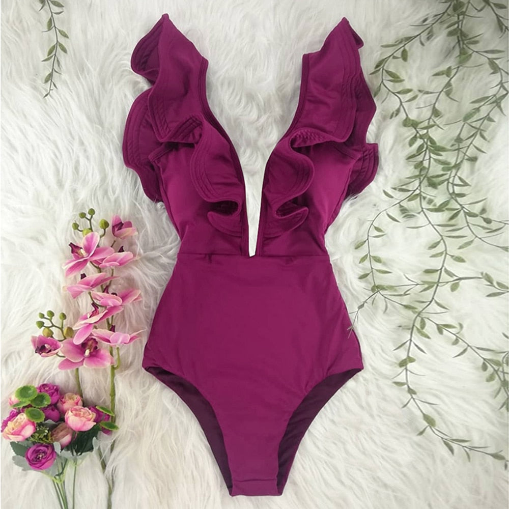 Maillot de bain une pièce imprimé, décolleté plongeant, volants, effet push-up, dos nu, idéal pour la plage
