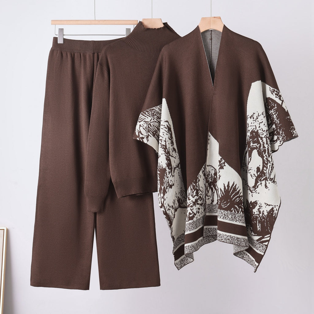 Ensemble trois pièces décontracté : Pantalon large et ample , Pull col roulé et Poncho