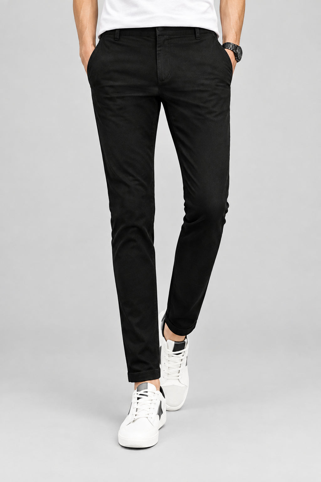 Pantalon 5 poches droit , couleur unie, avec elastane