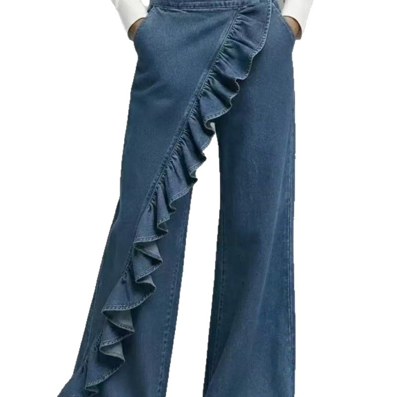 Pantalon en jean , taille mi-haute et coupe asymétrique