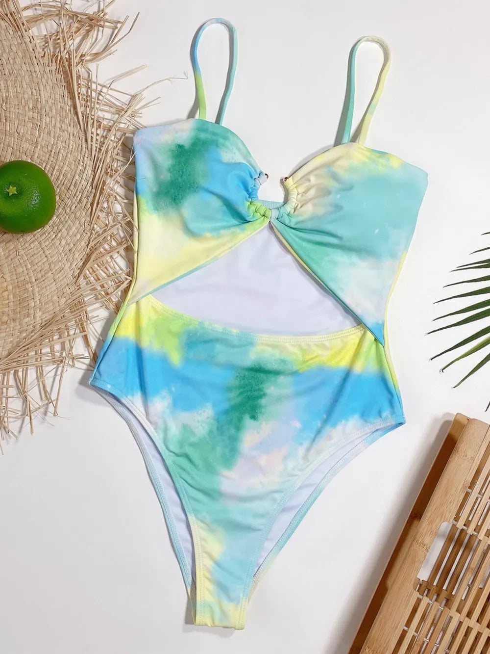 Maillot de bain une pièce à bretelles spaghetti tie-dye découpées