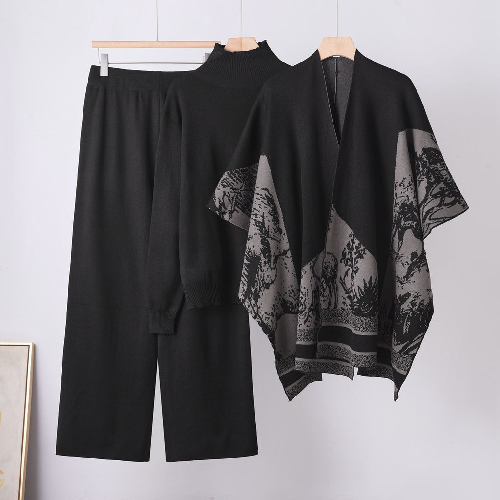 Ensemble trois pièces décontracté : Pantalon large et ample , Pull col roulé et Poncho