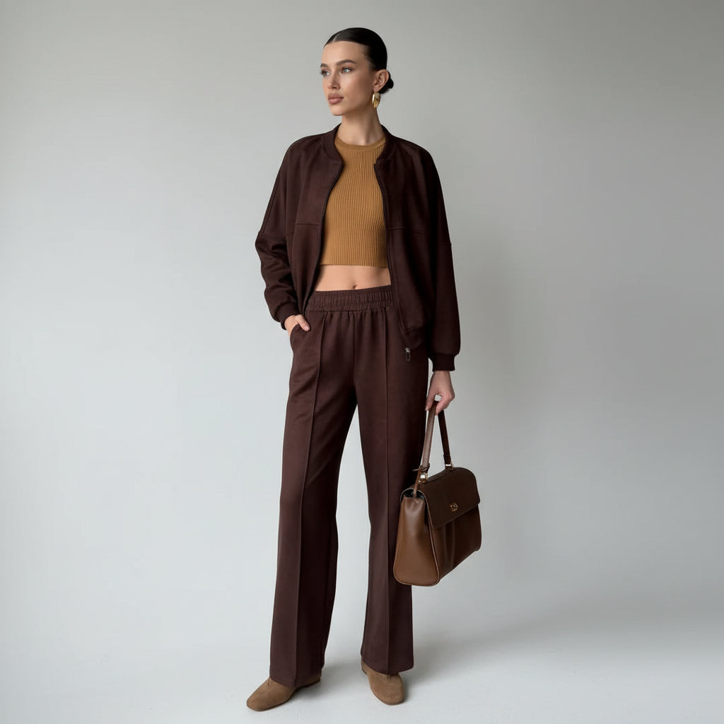 Ensemble deux pièces pour femme : sweat à capuche zippé uni et pantalon droit
