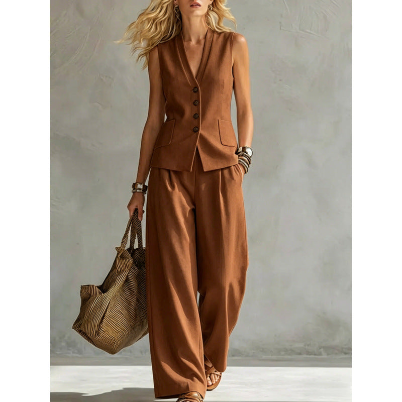 Ensemble gilet et pantalon décontracté en lin uni sans manches
