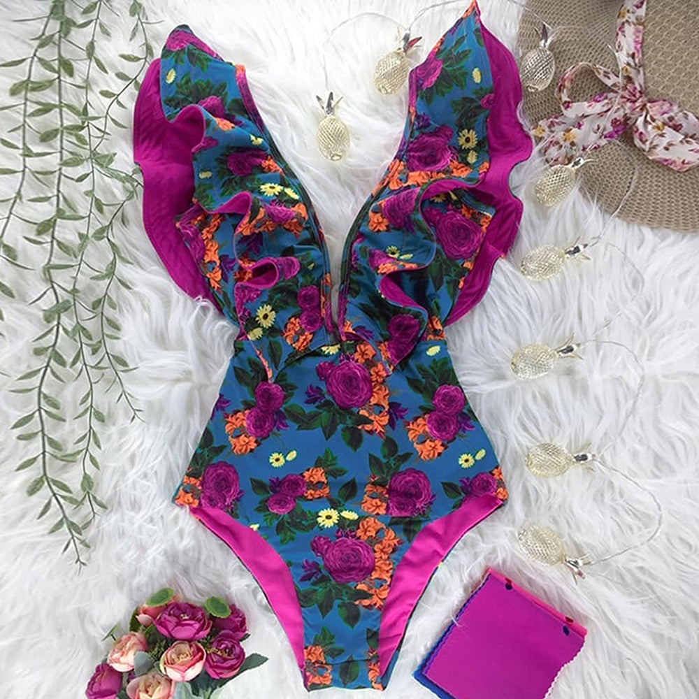 Maillot de bain une pièce imprimé, décolleté plongeant, volants, effet push-up, dos nu, idéal pour la plage
