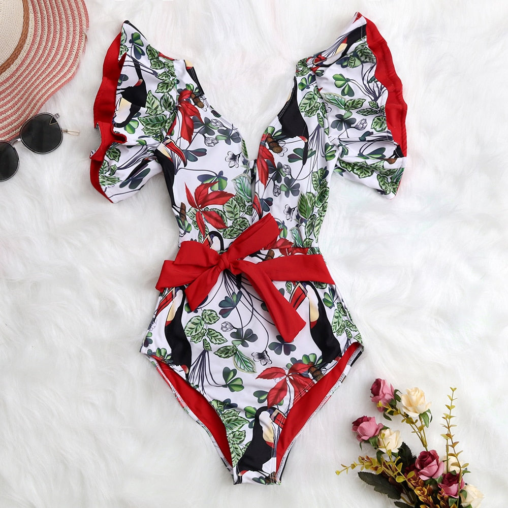 Maillot de bain une pièce imprimé, décolleté plongeant, volants, effet push-up, dos nu, idéal pour la plage