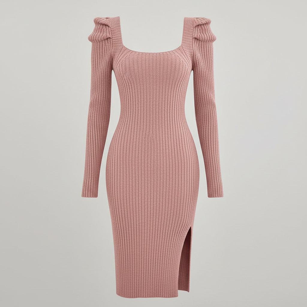 Robe en maille avec manches gigot et fente latérale