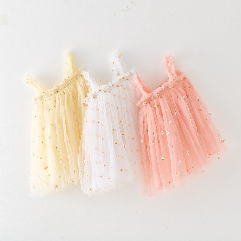 Robe d'été à bretelles pour filles, style nouveau, brodée, en tulle doux