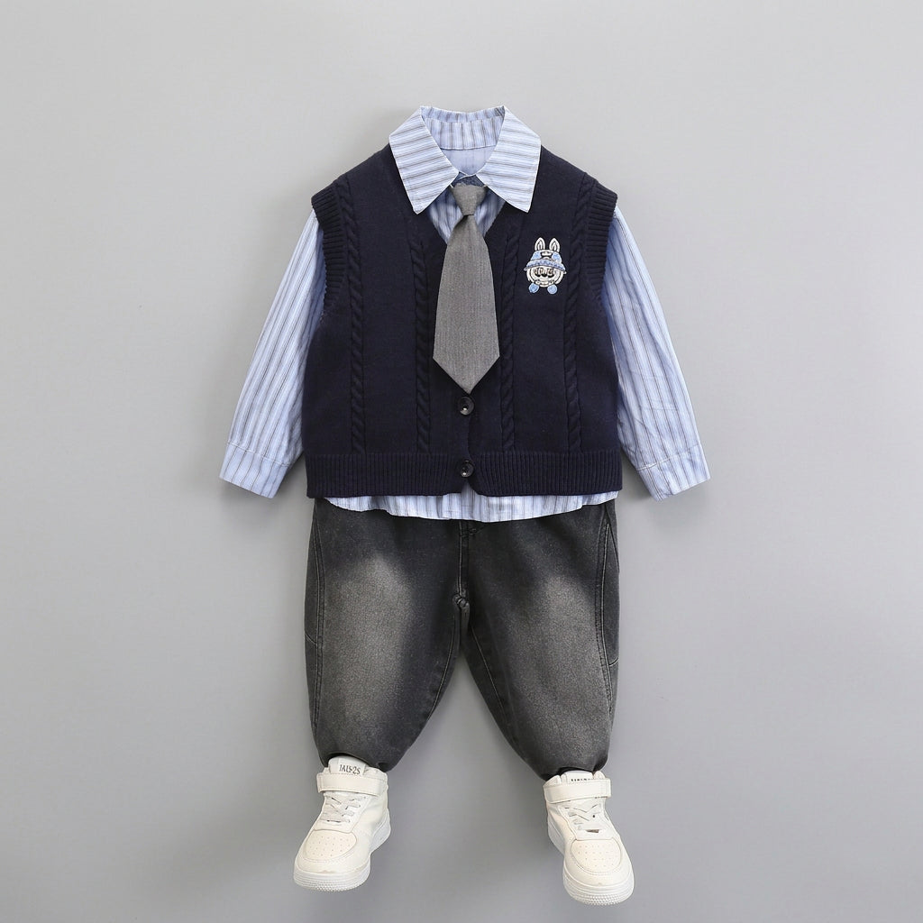 Ensemble 3 pièces pour garçon : gilet en maille , chemise  et pantalon denim