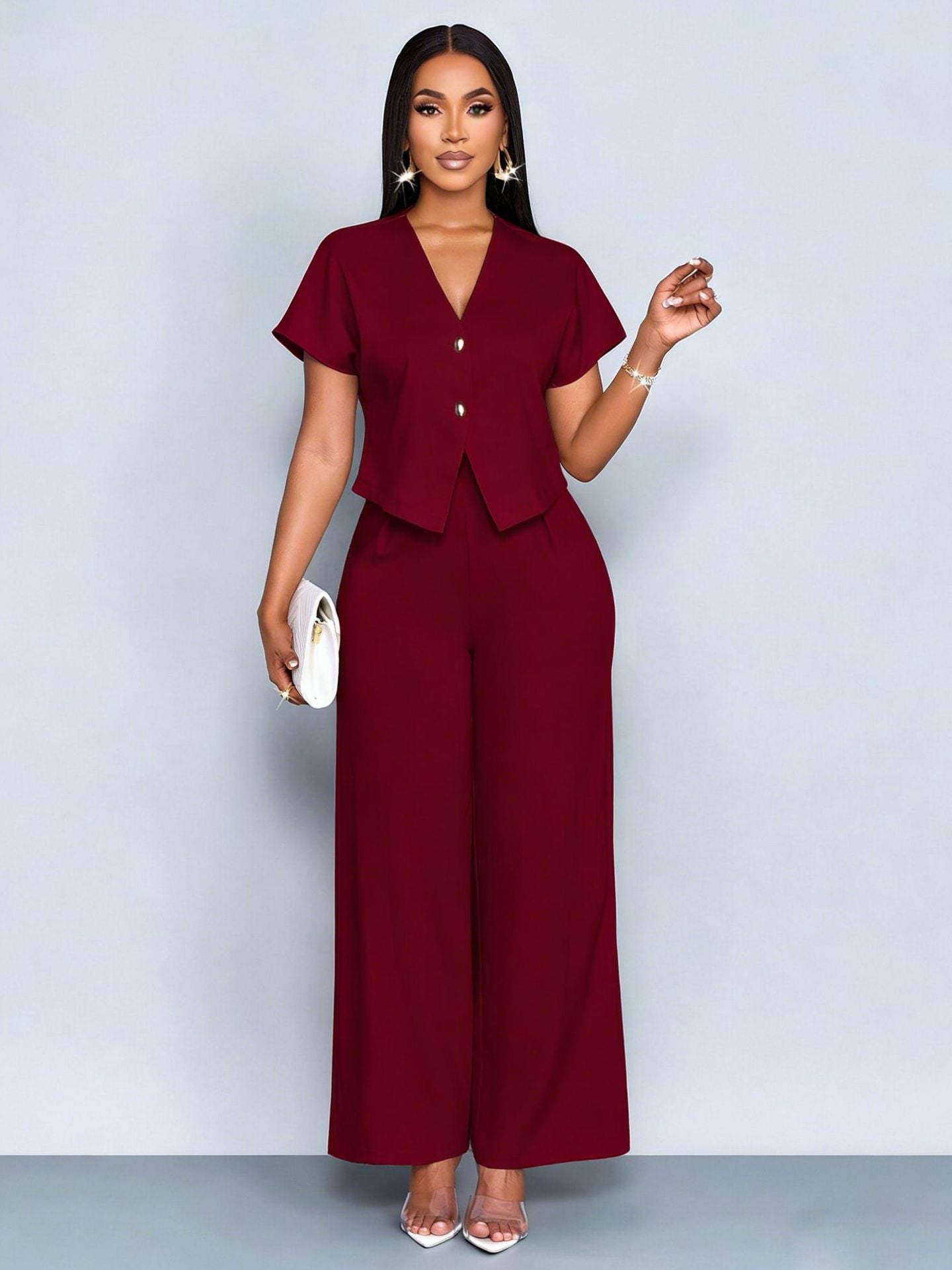 Ensemble deux pièces décontracté grande taille : cardigan asymétrique à manches courtes et col en V, pantalon droit et jambes larges.