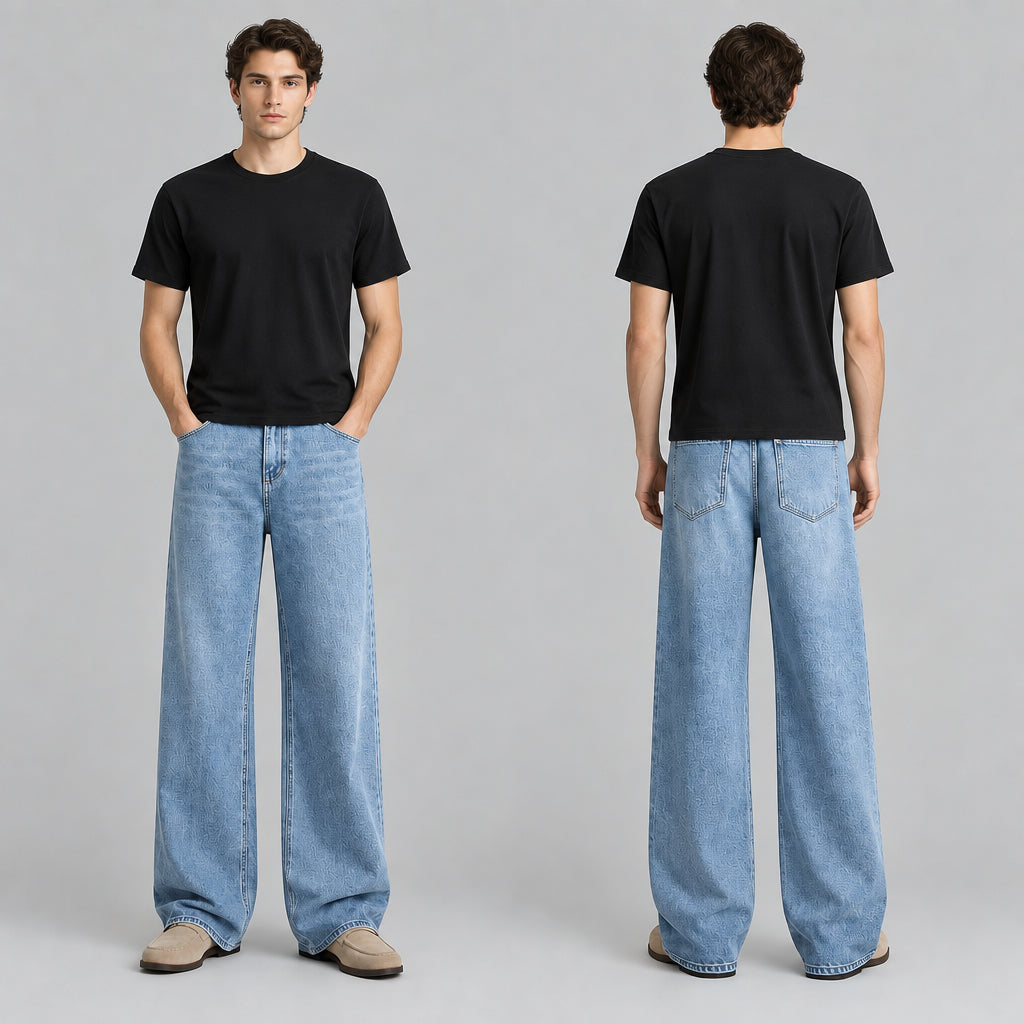 Pantalon en jean effet délavé, coupe large et droite