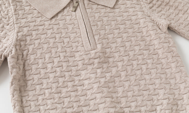 Pull en maille pour garçon, style décontracté, à motif ondulé, col rabattu et demi-fermeture éclair
