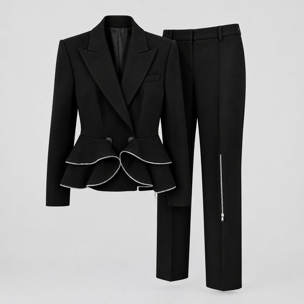 Ensemble deux pièces  : veste de tailleur zippée à bords volantés et pantalon ajusté.