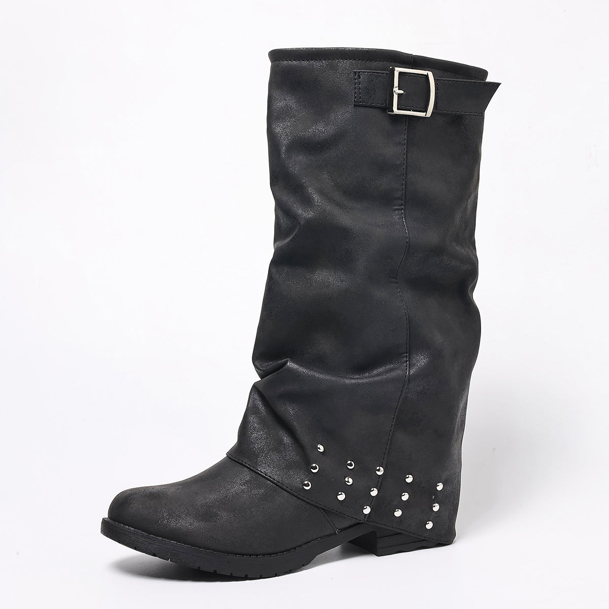 Bottes à talons hauts pour femme,  style cavalier/western avec détails plissés, hauteur mi-mollet.