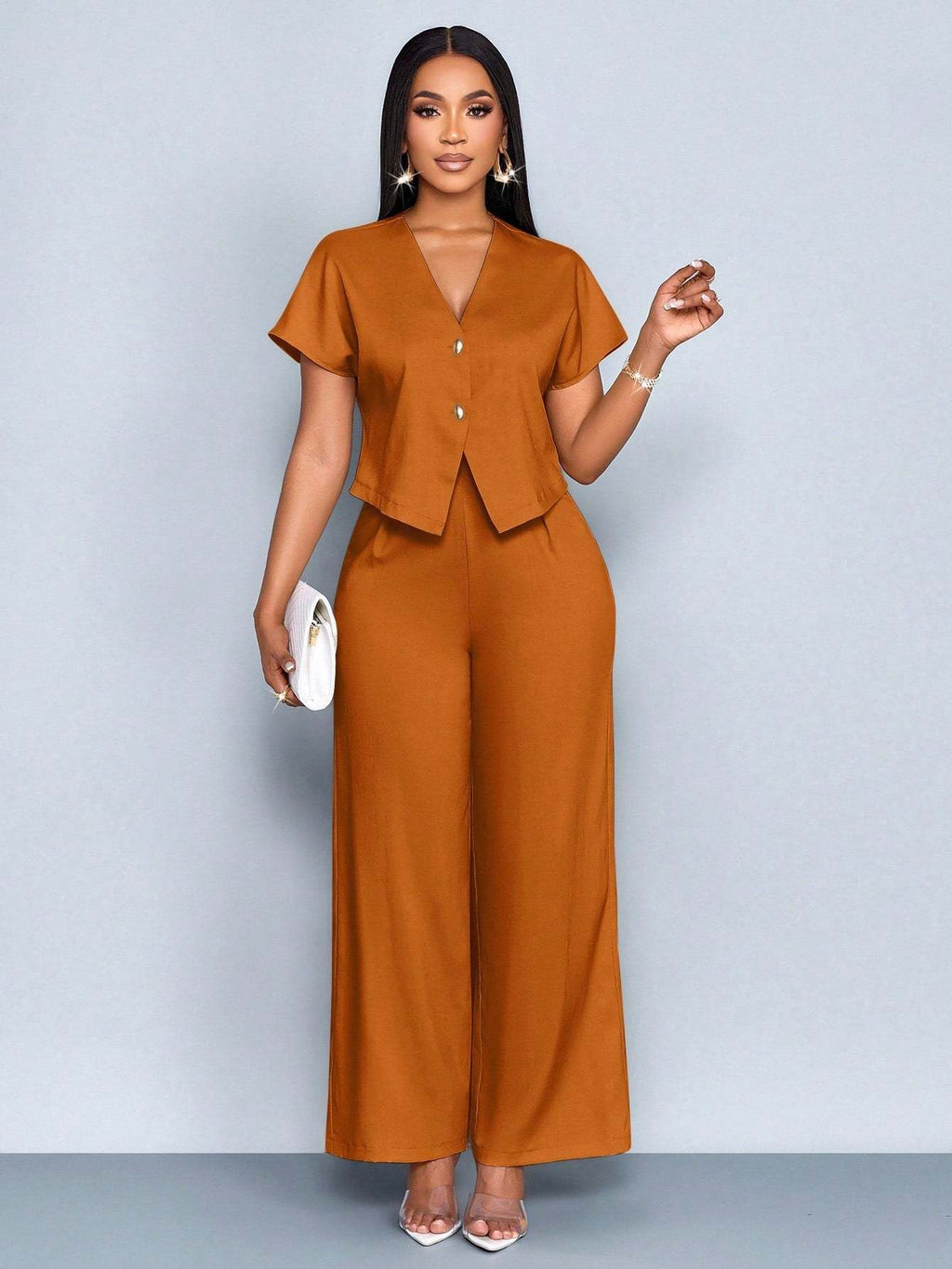 Ensemble deux pièces décontracté grande taille : cardigan asymétrique à manches courtes et col en V, pantalon droit et jambes larges.