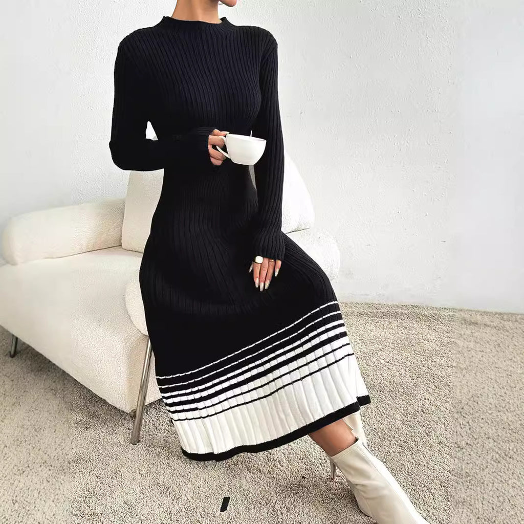 Robe en maille pour femme à rayures noires et blanches