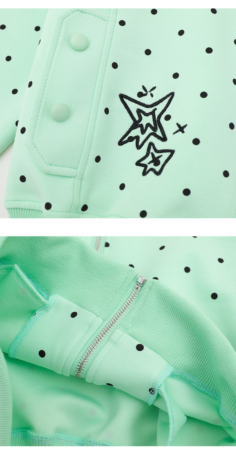Veste courte  à pois, avec broderie style dessin animé, fermeture zippée et col rabattu