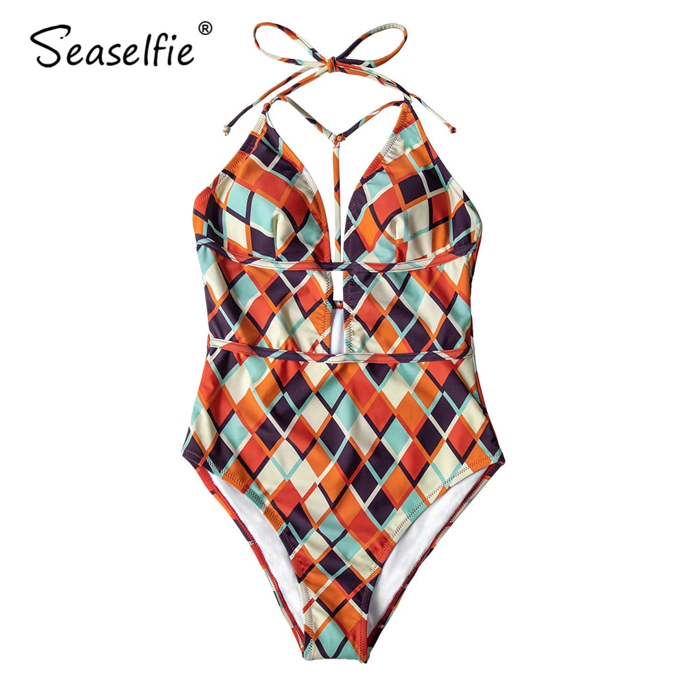 Maillot de bain une pièce à imprimé géométrique, décolleté plongeant en V, dos nu, pour femme, style monokini sexy avec découpes, idéal pour la plage.