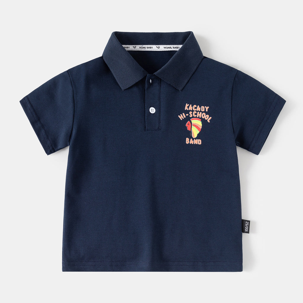 T-shirt polo à manches courtes pour garçons avec motif de lettres façon dessin animé