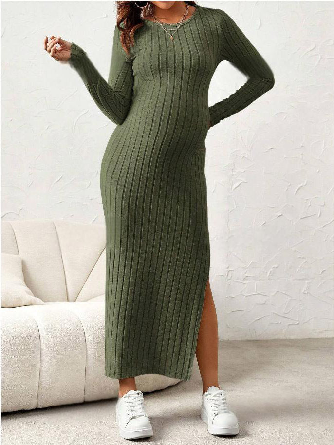 Robe de maternité à col rond, manches longues et fente haute
