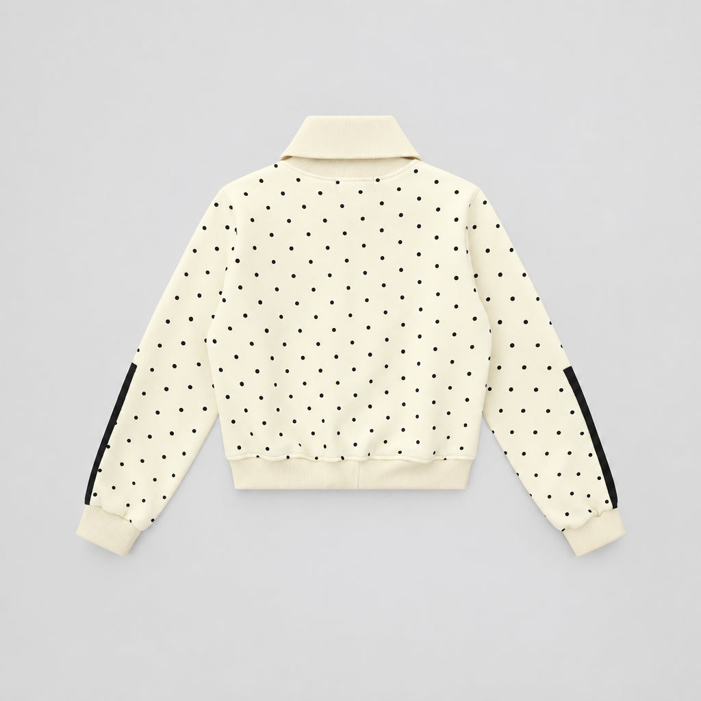 Veste courte  à pois, avec broderie style dessin animé, fermeture zippée et col rabattu