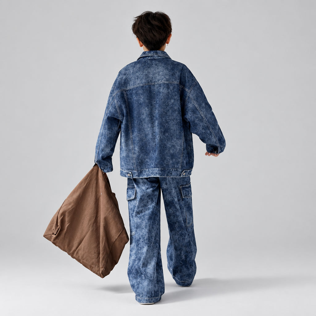 Ensemble décontracté deux pièces pour garçon : veste en jean et pantalon cargo