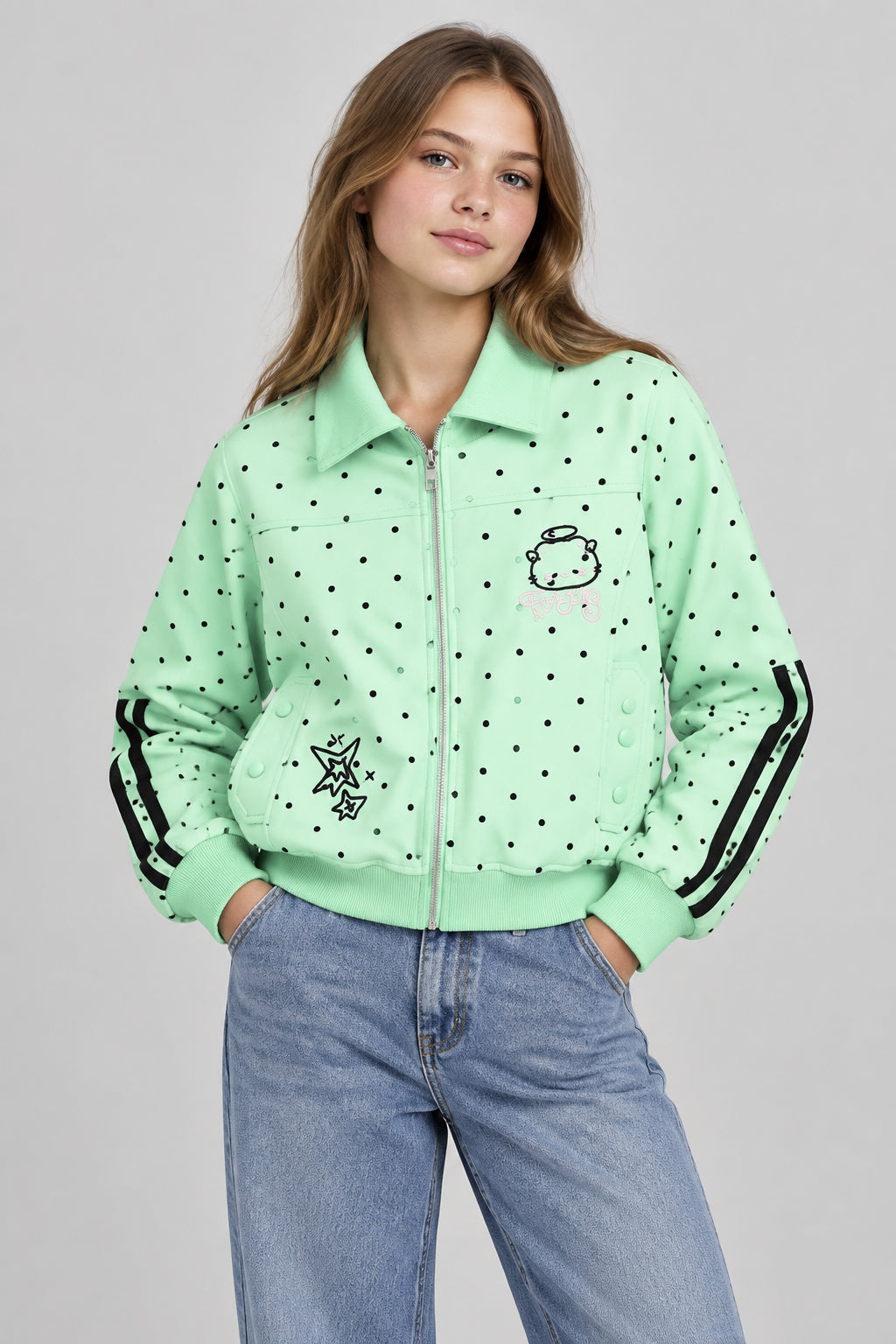 Veste courte  à pois, avec broderie style dessin animé, fermeture zippée et col rabattu