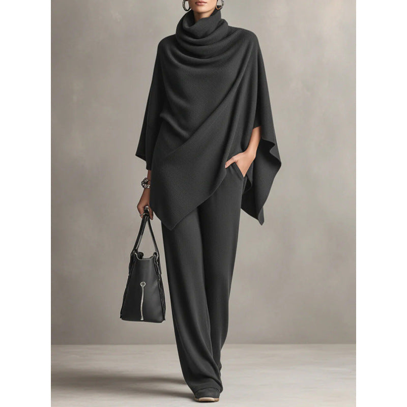 Ensemble deux pièces automne-hiver : haut style cape avec col et pantalon large