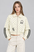 Veste courte  à pois, avec broderie style dessin animé, fermeture zippée et col rabattu