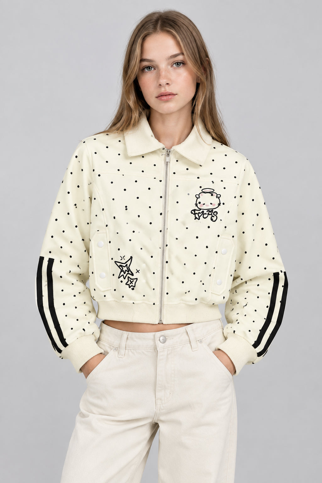 Veste courte  à pois, avec broderie style dessin animé, fermeture zippée et col rabattu
