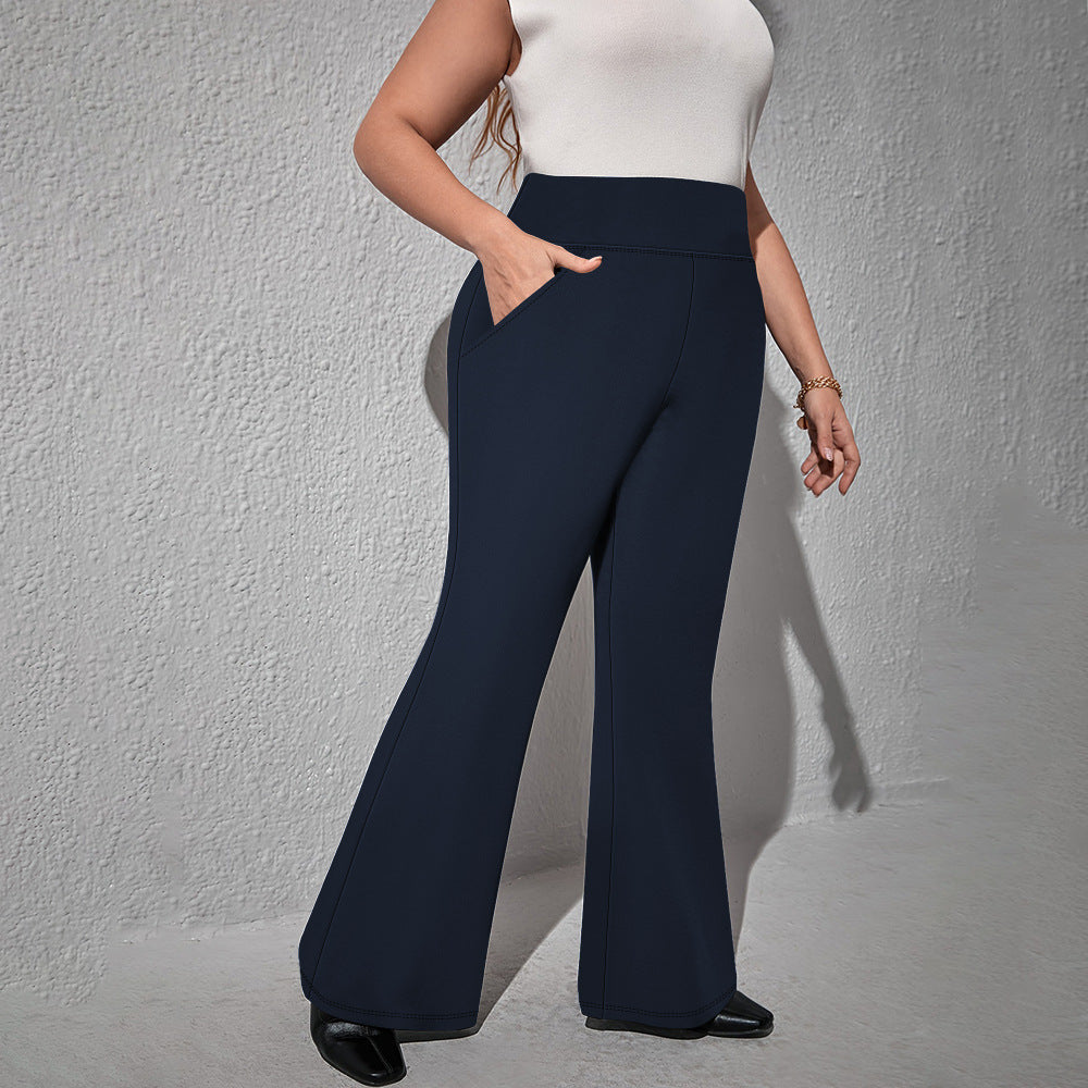 Pantalon taille haute avec poches micro-évasées , pantalon grande taille décontracté à coupe trompette très élastique
