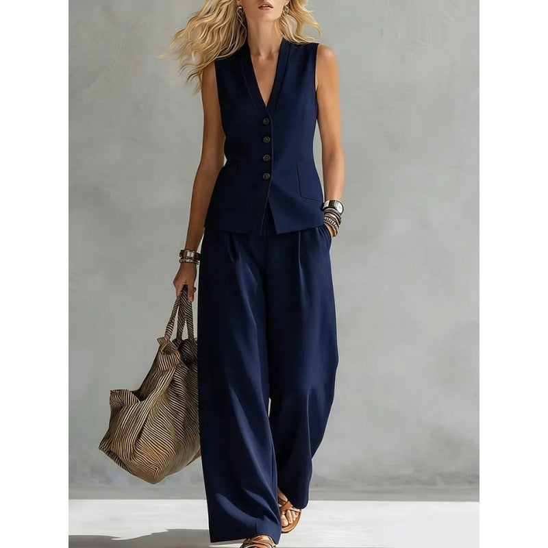 Ensemble gilet et pantalon décontracté en lin uni sans manches