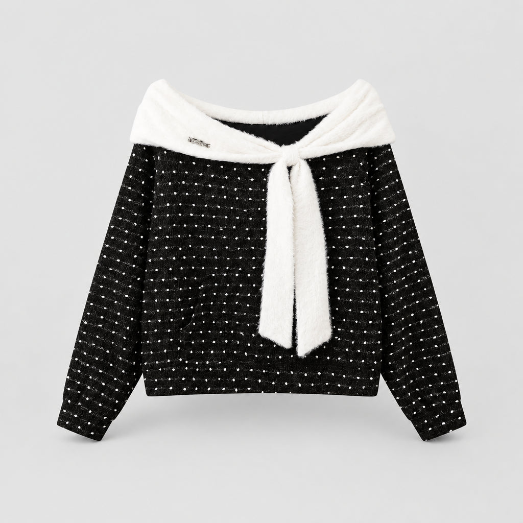 Sweat-shirt court en molleton coupe ample, épaules dénudées, motif jacquard à pois, avec nœud et poches