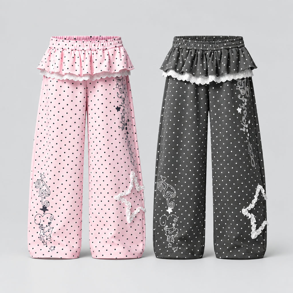 Pantalon de jogging ample à pois,  avec taille bordée de dentelle et motif étoile et dessin animé.