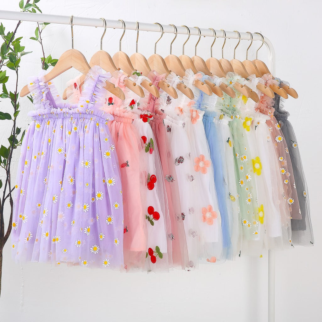 Robe d'été à bretelles pour filles, style nouveau, brodée, en tulle doux