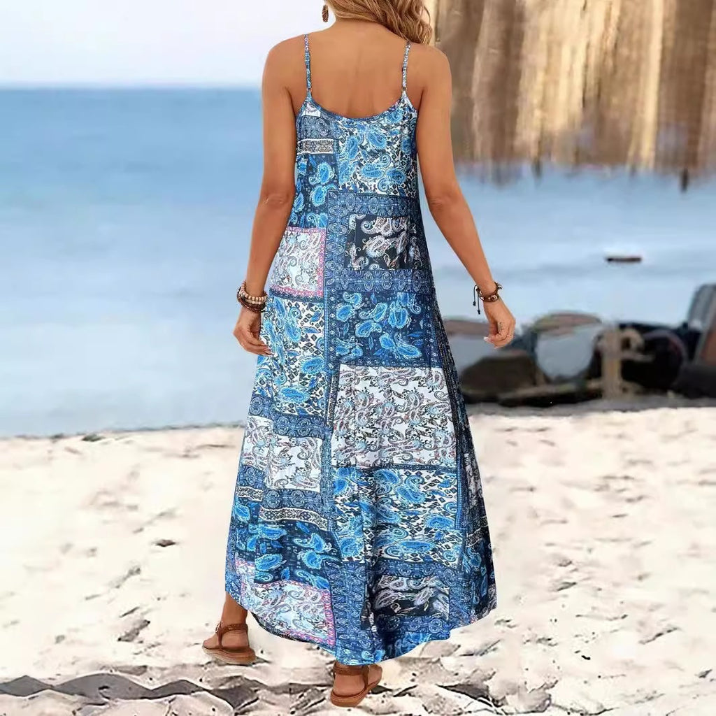 Robe ample imprimée à bretelles et col en V, style vacances printemps-été pour femme