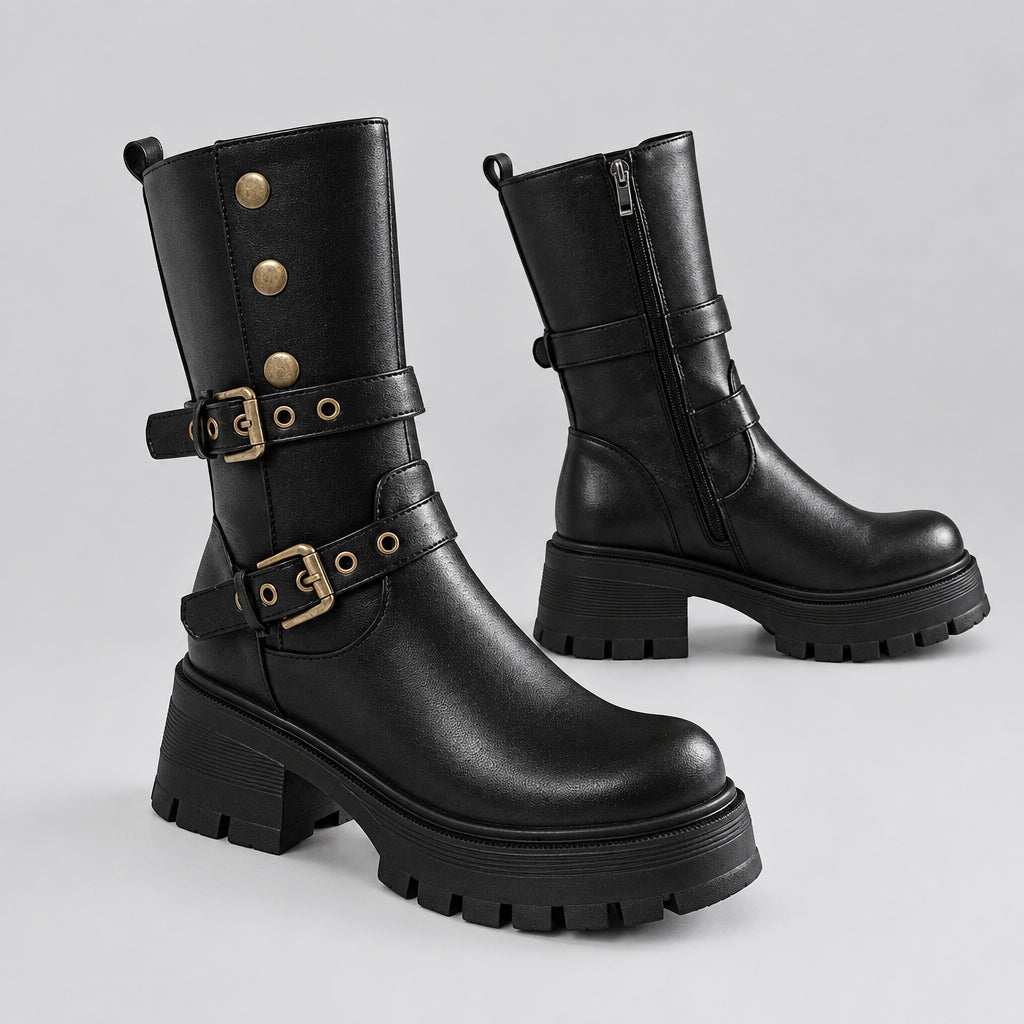 Bottines à talons hauts et semelles épaisses avec boucle de ceinture