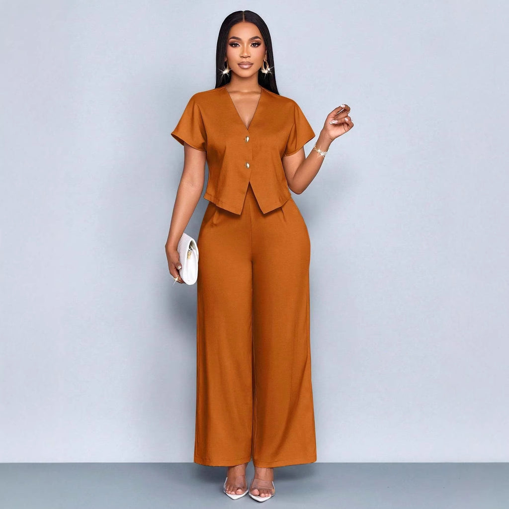 Ensemble deux pièces décontracté grande taille : cardigan asymétrique à manches courtes et col en V, pantalon droit et jambes larges.