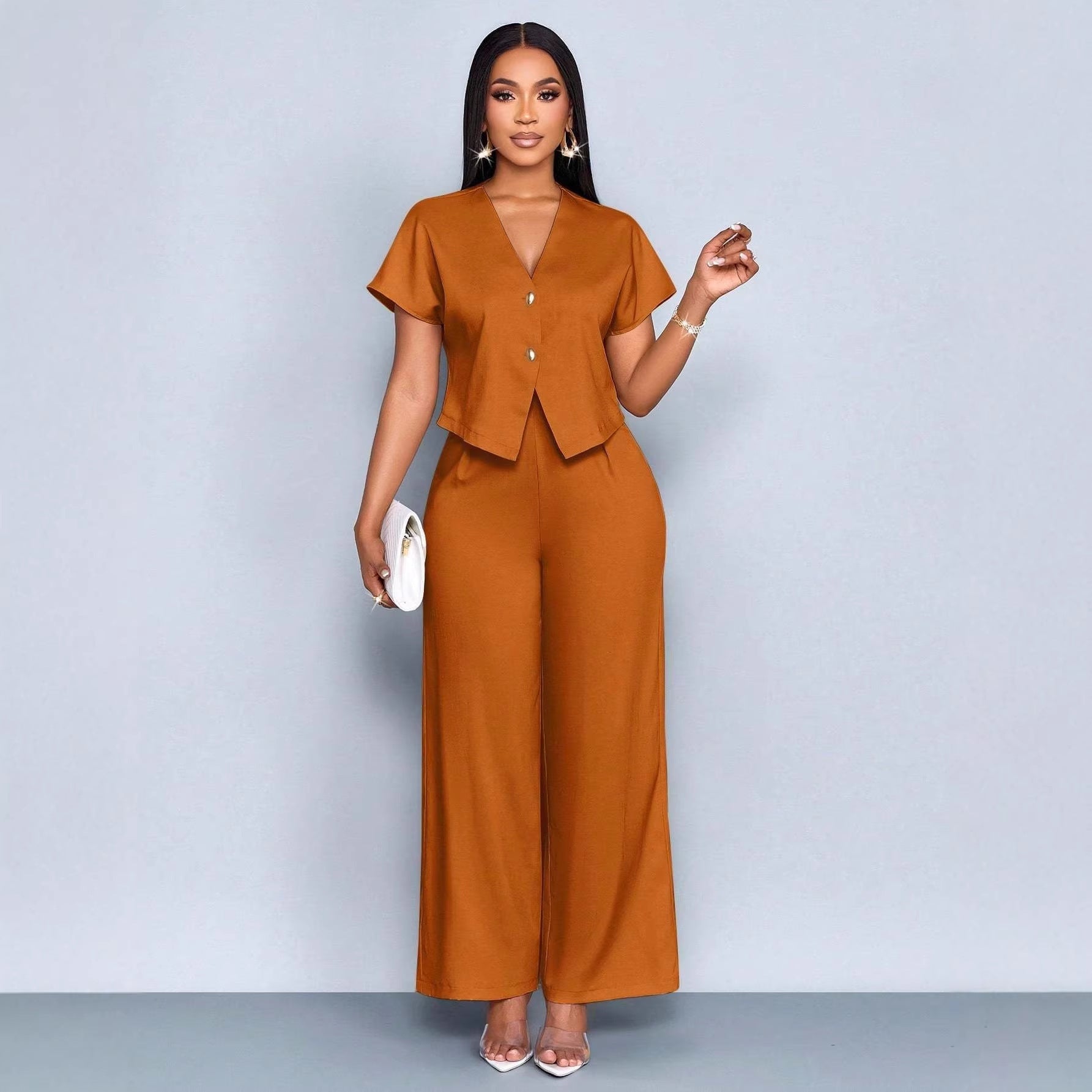 Ensemble deux pièces décontracté grande taille : cardigan asymétrique à manches courtes et col en V, pantalon droit et jambes larges.