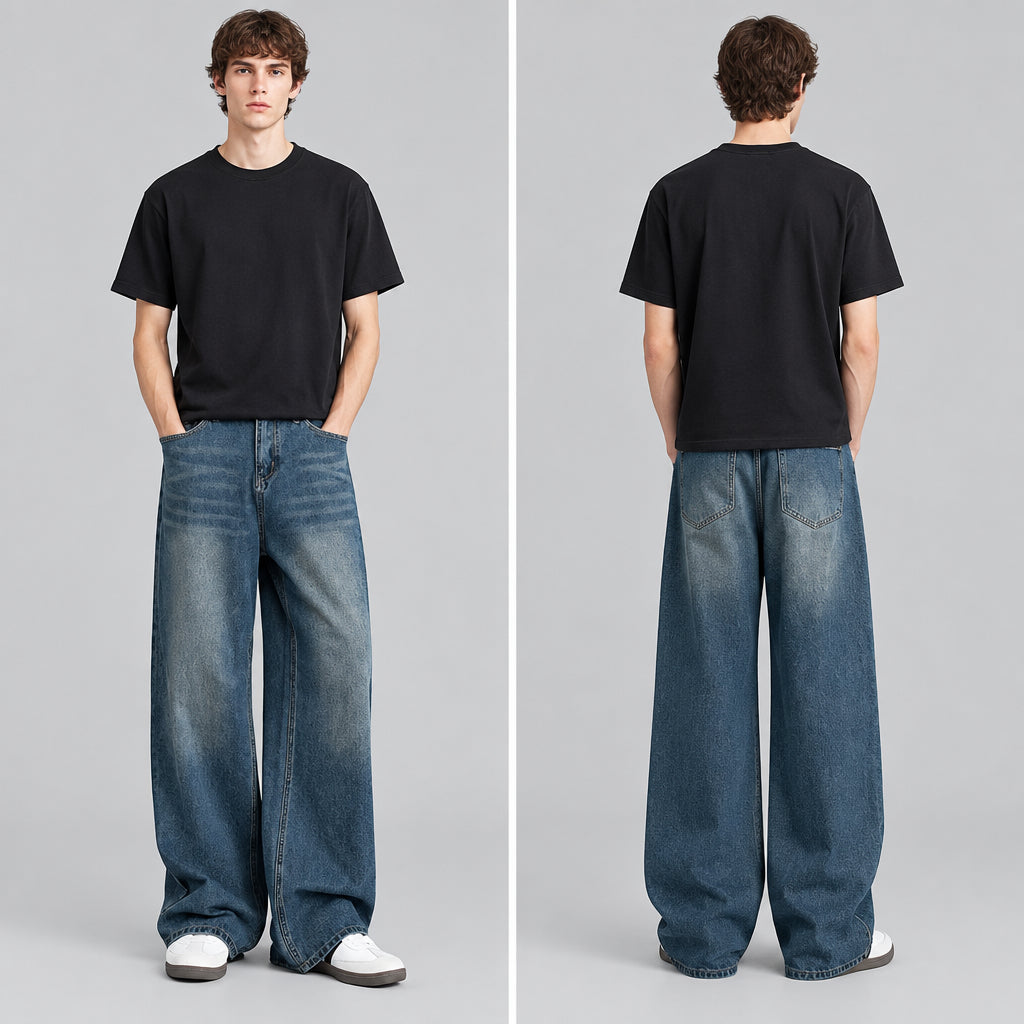 Pantalon en jean effet délavé, coupe large et droite