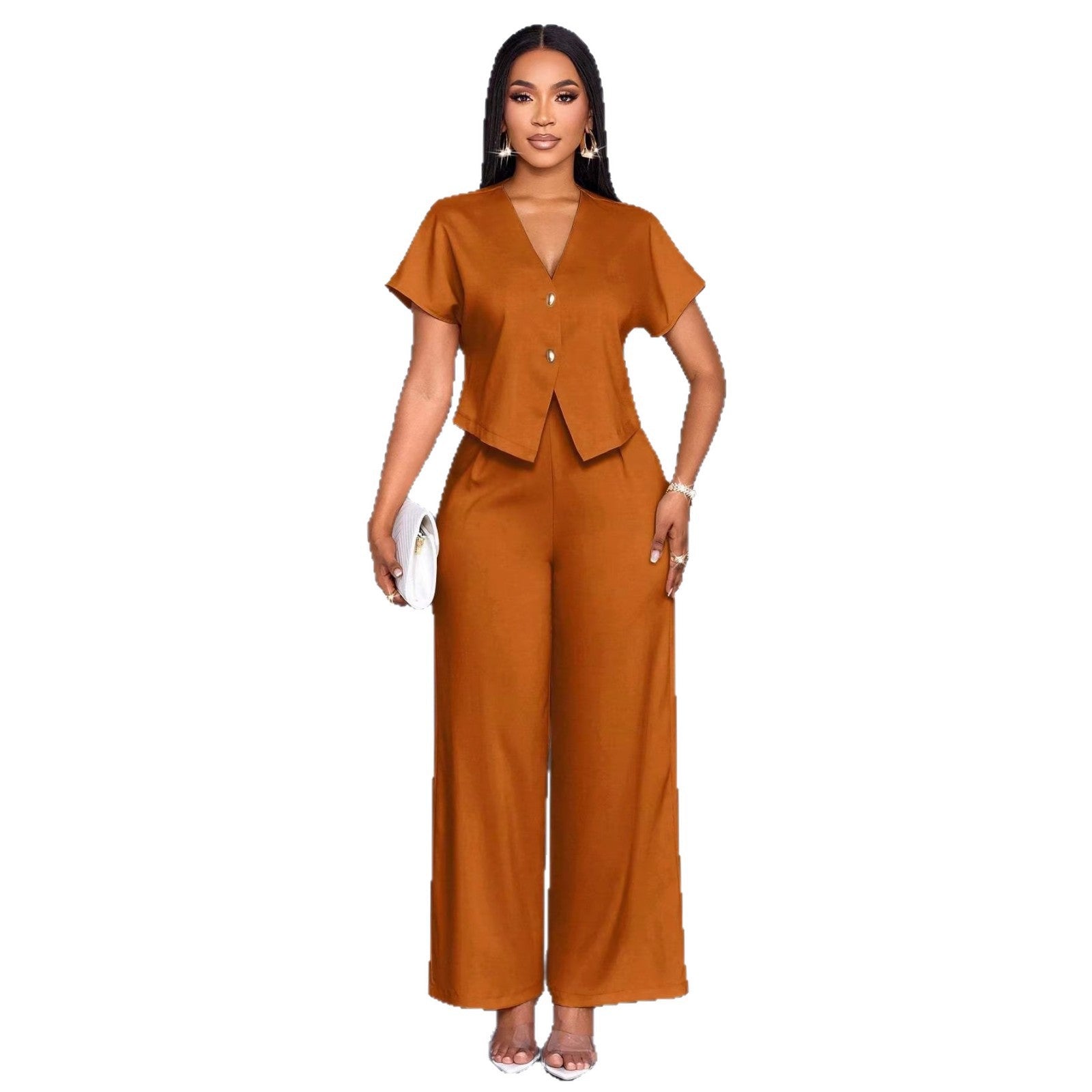 Ensemble deux pièces décontracté grande taille : cardigan asymétrique à manches courtes et col en V, pantalon droit et jambes larges.