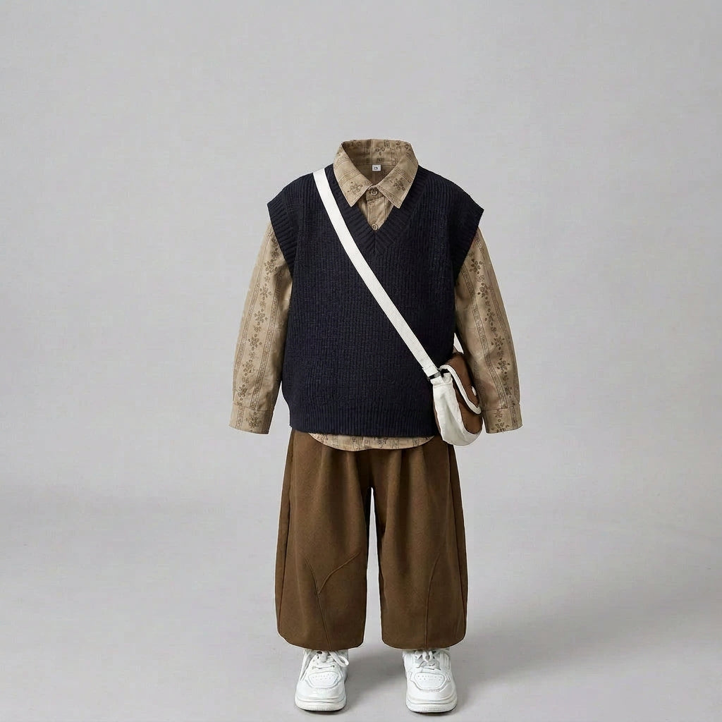 Ensemble 3 pièces élégant , chemise, pantalon et pull sans manches