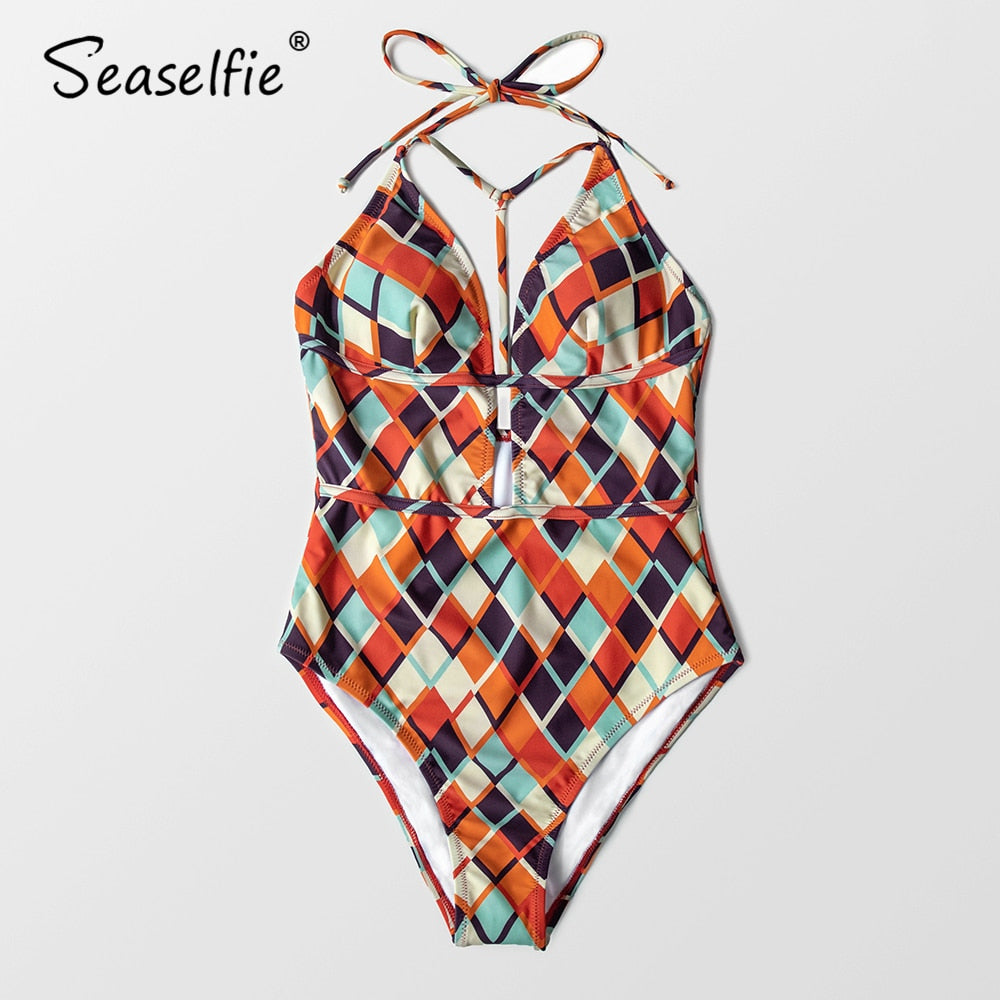 Maillot de bain une pièce à imprimé géométrique, décolleté plongeant en V, dos nu, pour femme, style monokini sexy avec découpes, idéal pour la plage.