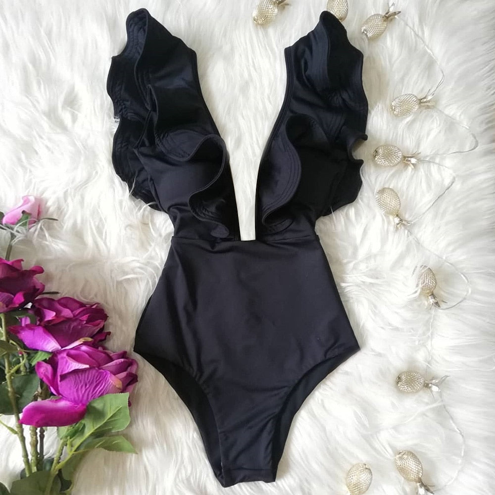 Maillot de bain une pièce imprimé, décolleté plongeant, volants, effet push-up, dos nu, idéal pour la plage