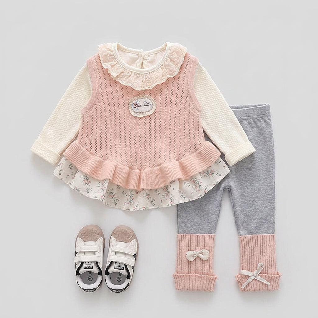 Ensemble trois pièces en maille à motif floral pour fille