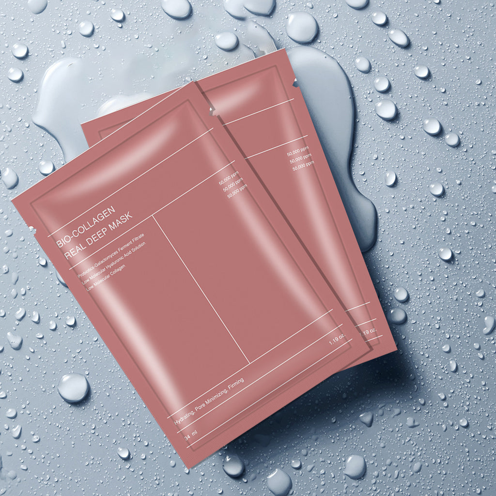 Masque en tissu Bio-Collagen Real Mask Sheet : effet collagène passant du blanc au transparent