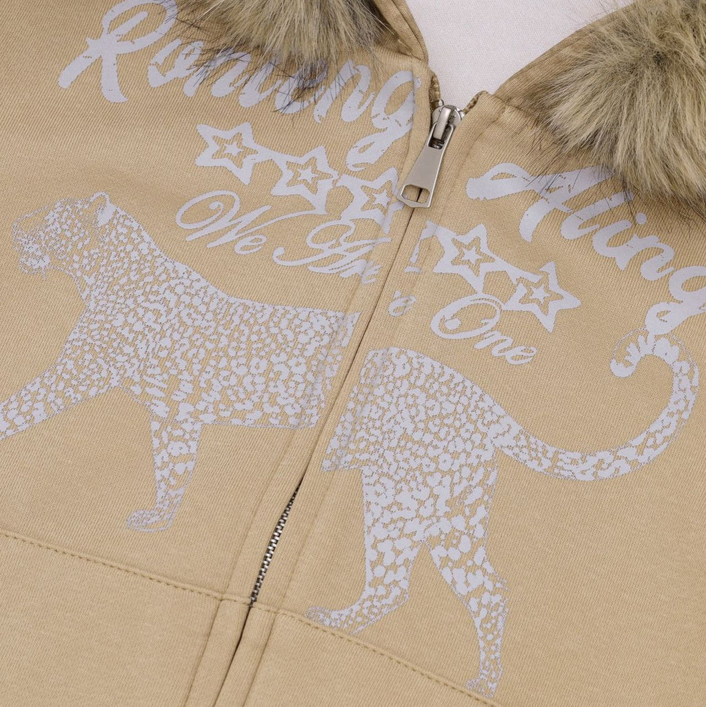 Veste zippée à empiècements imprimé léopard avec capuche amovible en fausse fourrure